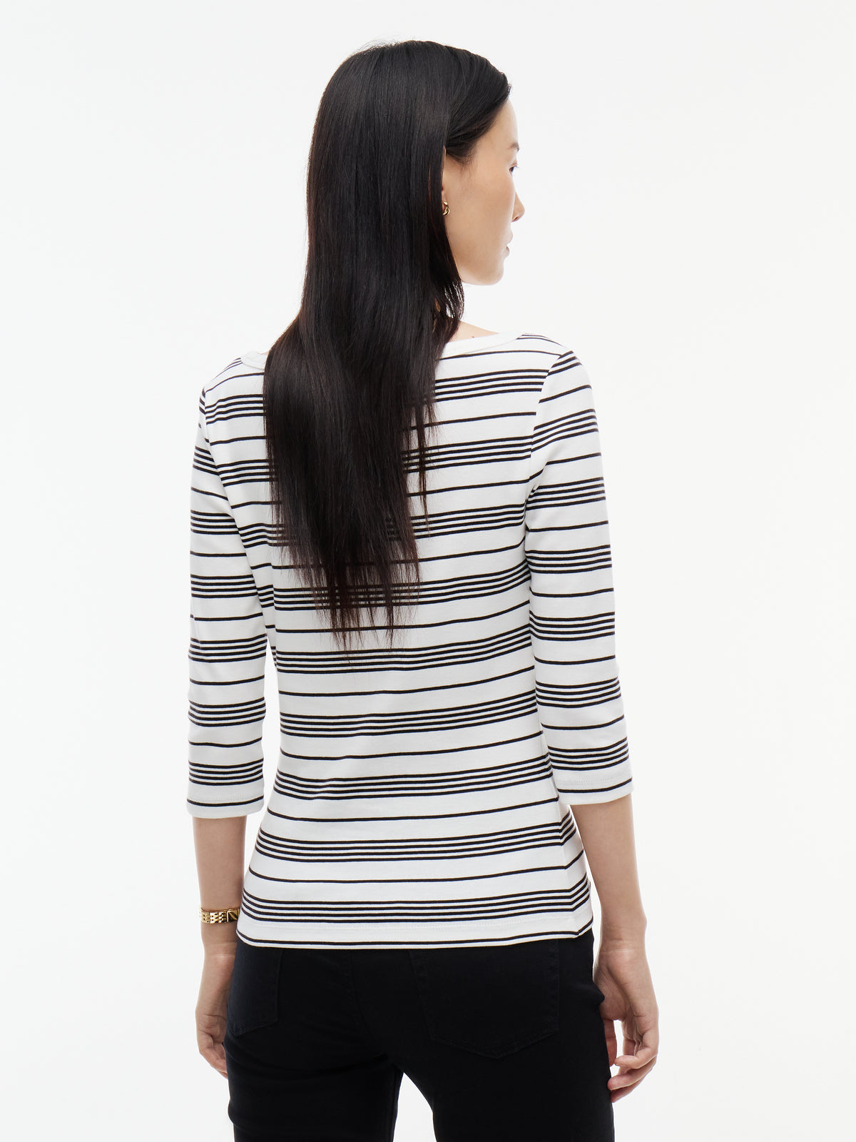 Stripe Slim Boat Neck Three-Quarter Sleeve T-Shirt