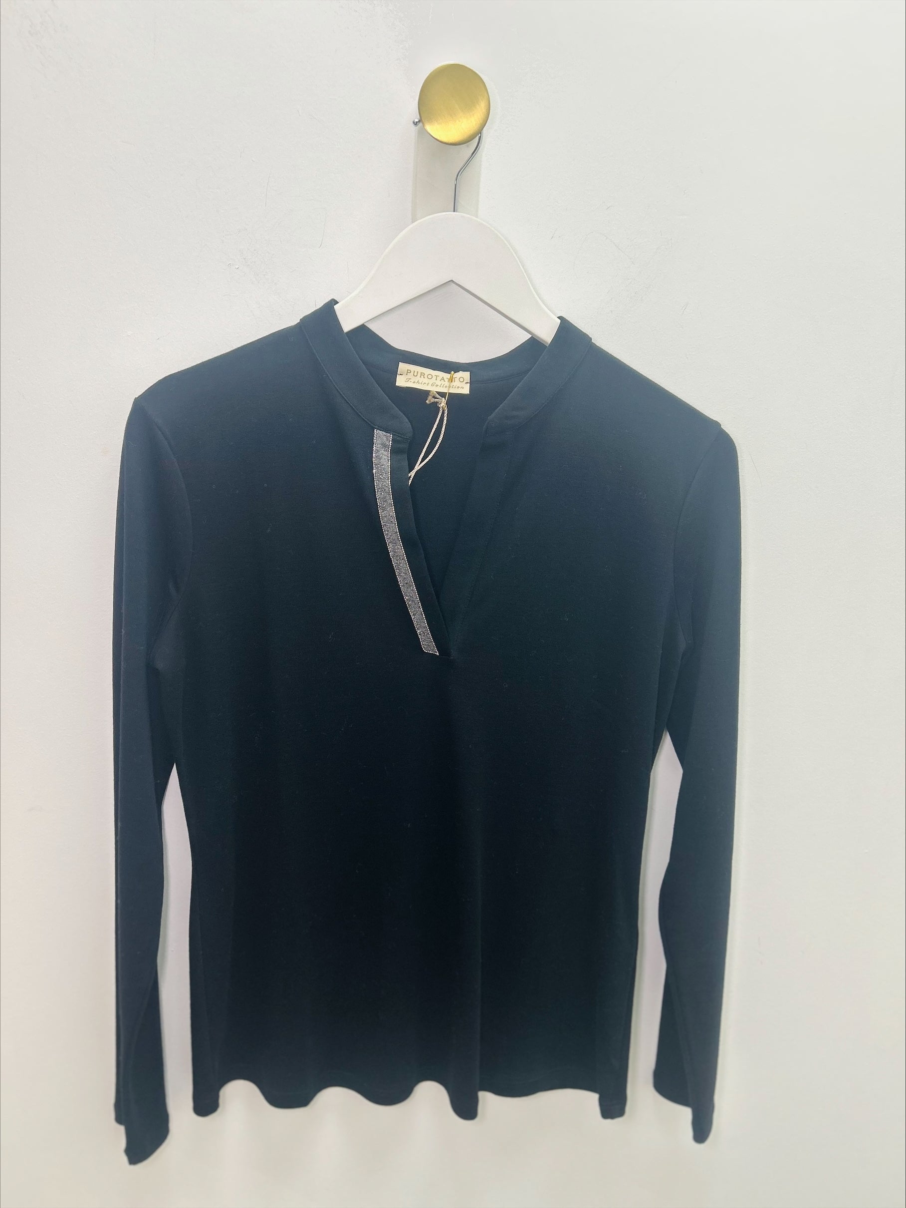 Black V-Neck Detailed Long Sleeve Jersey Top