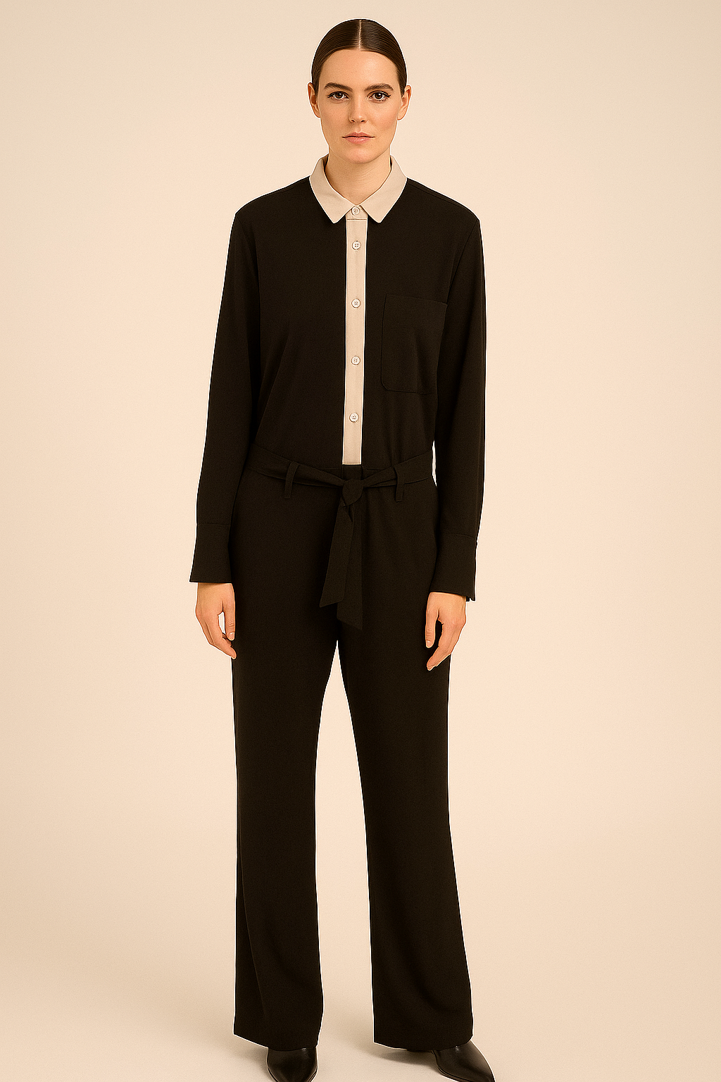 Nude Button Front Black Wide Leg Jumpsuit