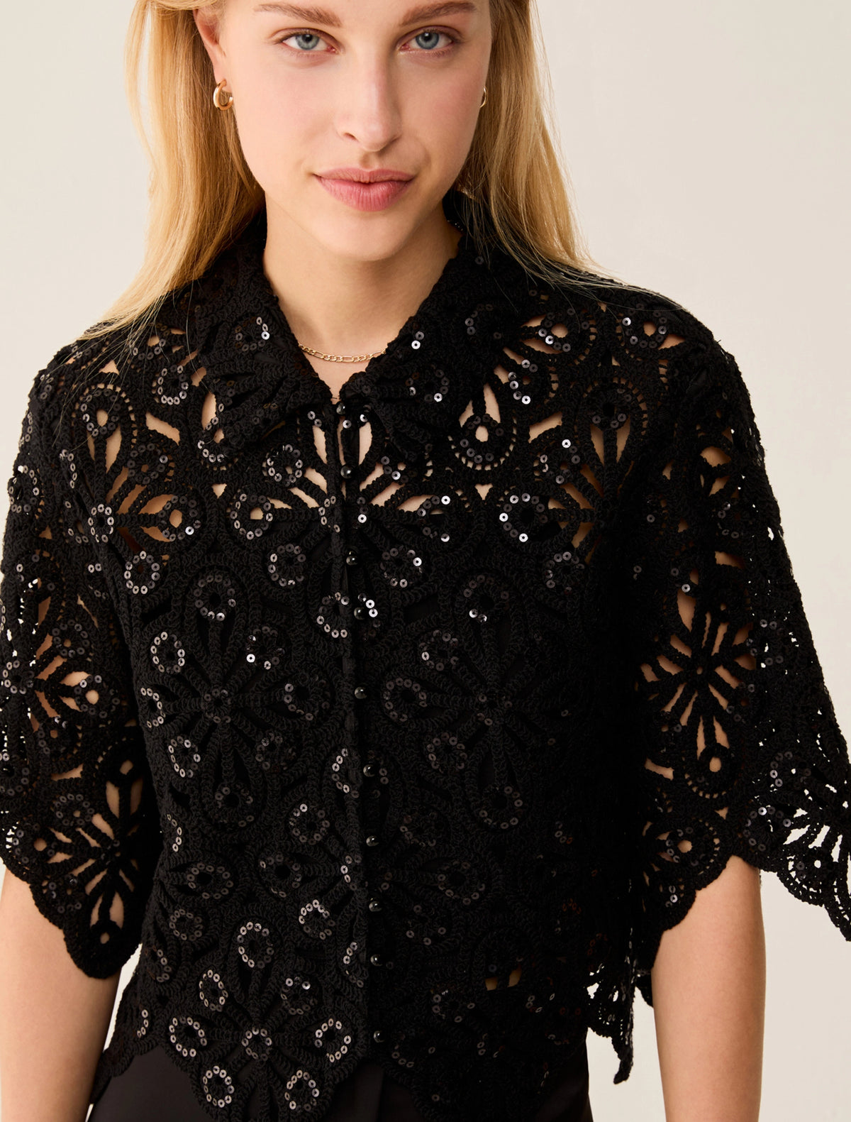 Black Sequin Short Sleeve Crochet Top