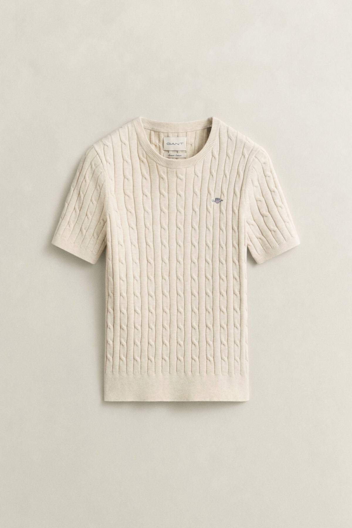 Faded Beige Stretch Cotton Cable Knit Short Sleeve Sweater