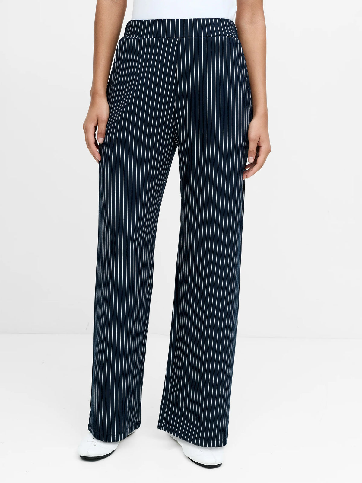 Wren Pinstripe Pull-On Navy Blue Wide Leg Trousers