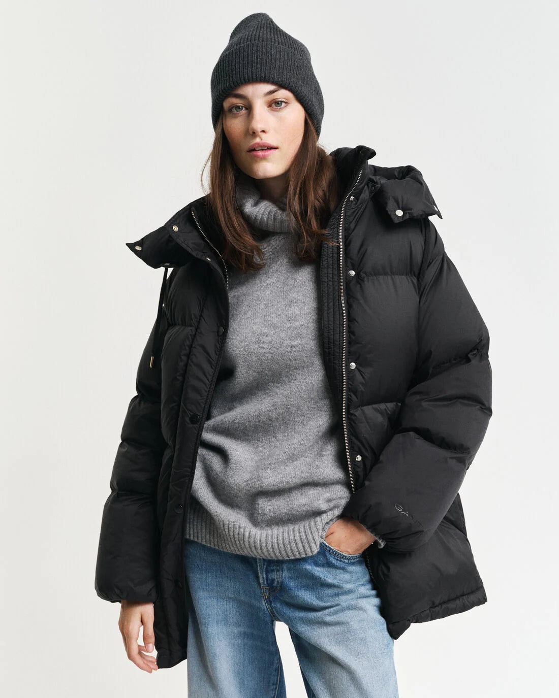 Mid length black puffer jacket on sale