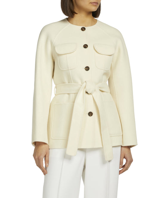 LESLIIY Hip Length Cream Coat With Waist Belt