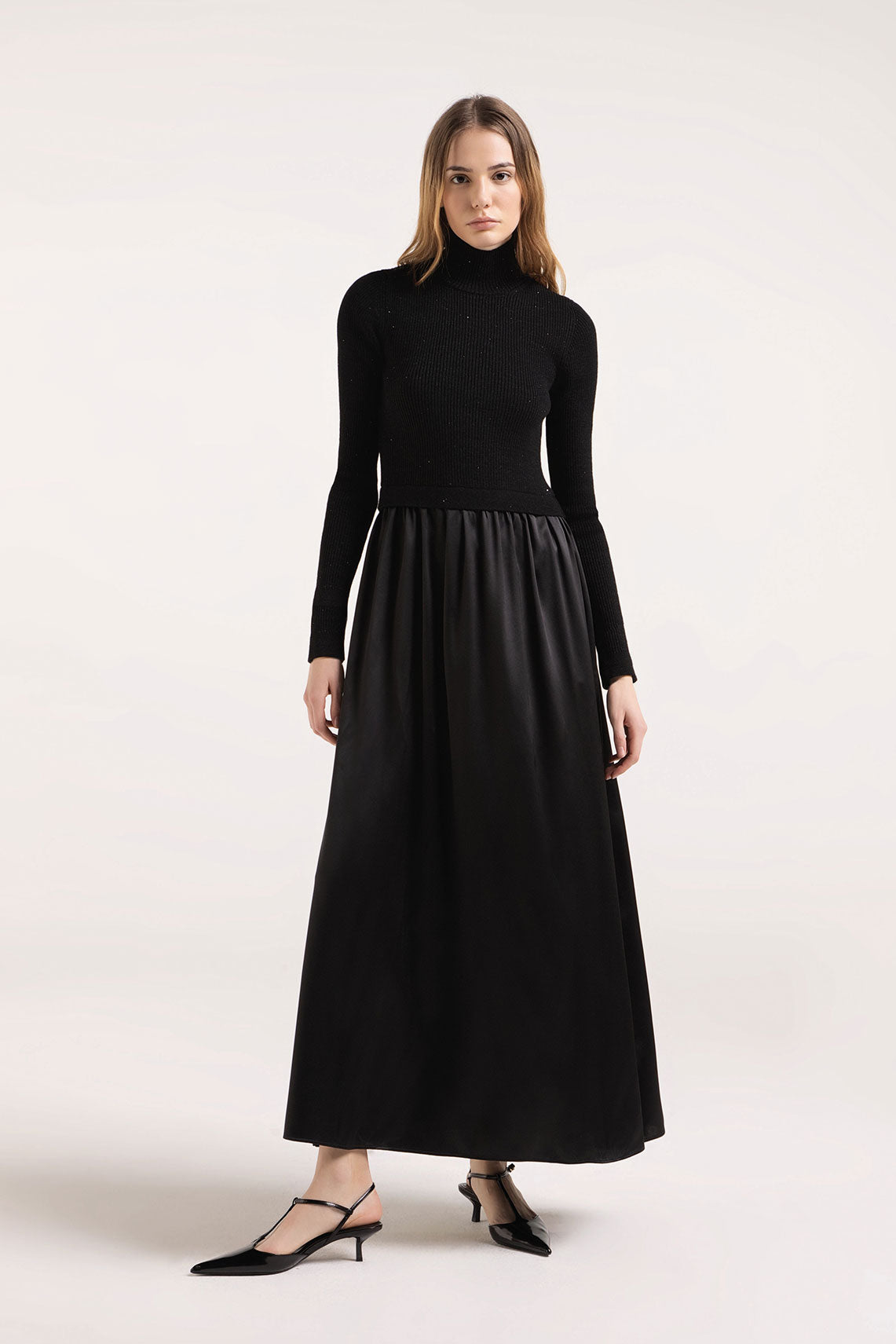 Black Knit With Satin Skirt Mockable Dress