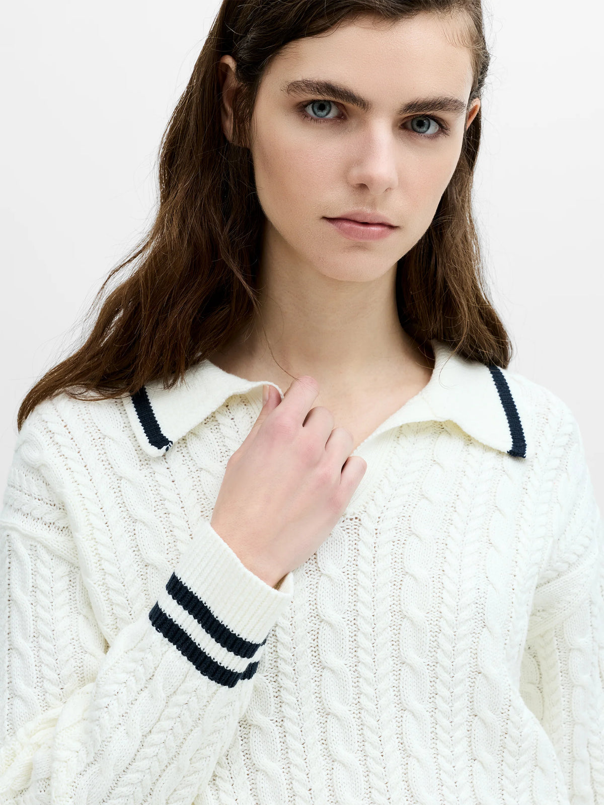 Klara White Cable Knit Polo Jumper