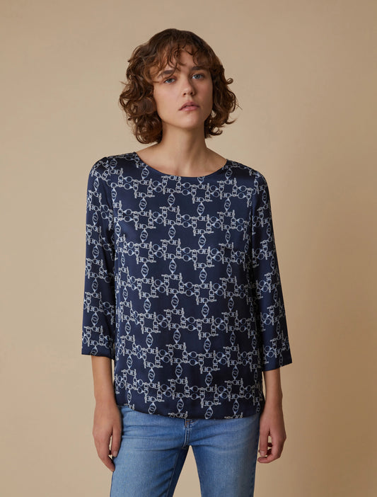 Navy Chain Patterned Satin Blouse