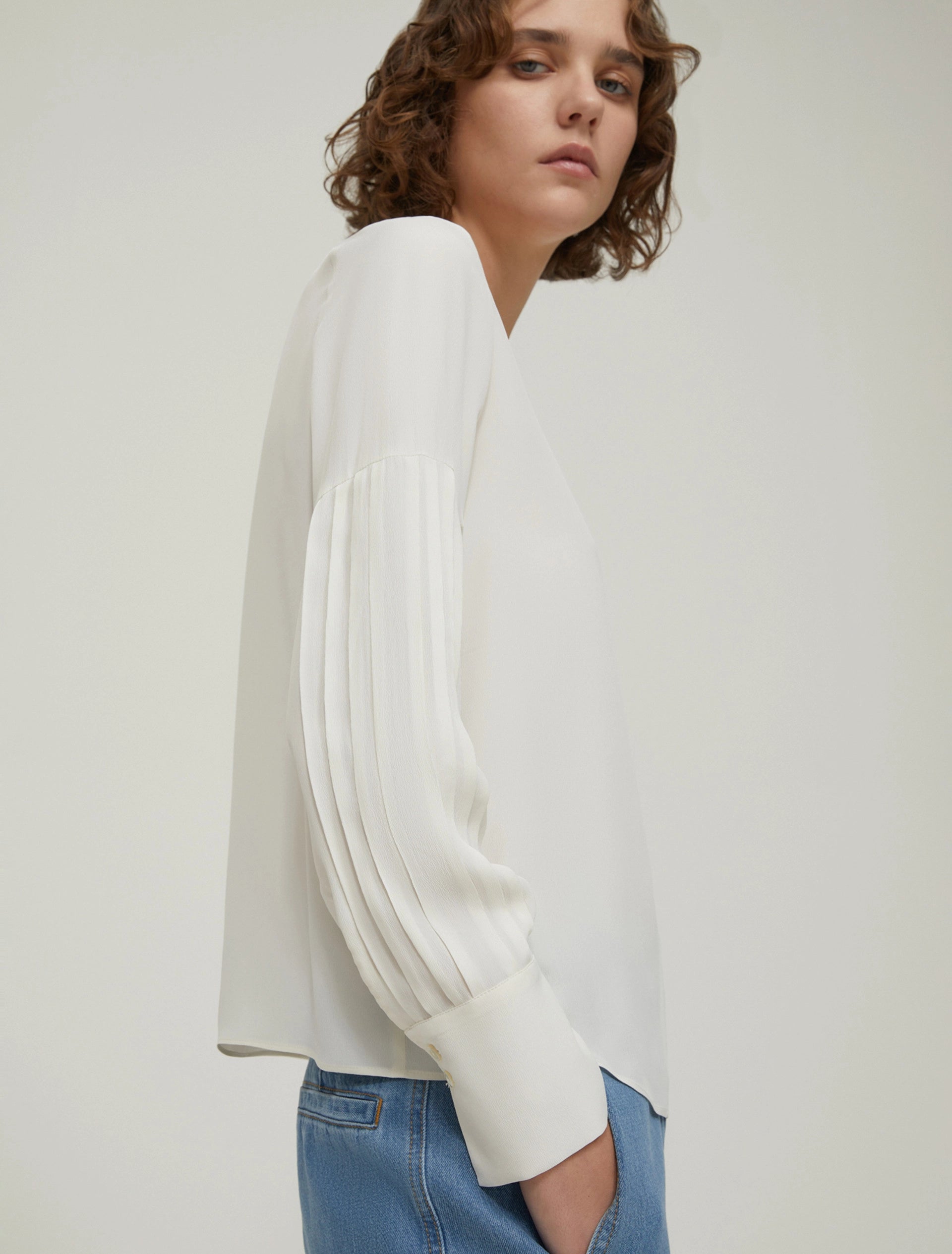 Crepe Ivory Pleated Sleeve Blouse