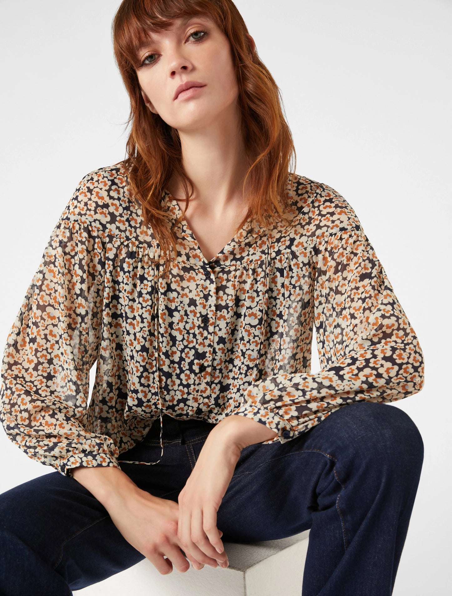 Floral Crepon Shirt - Navy