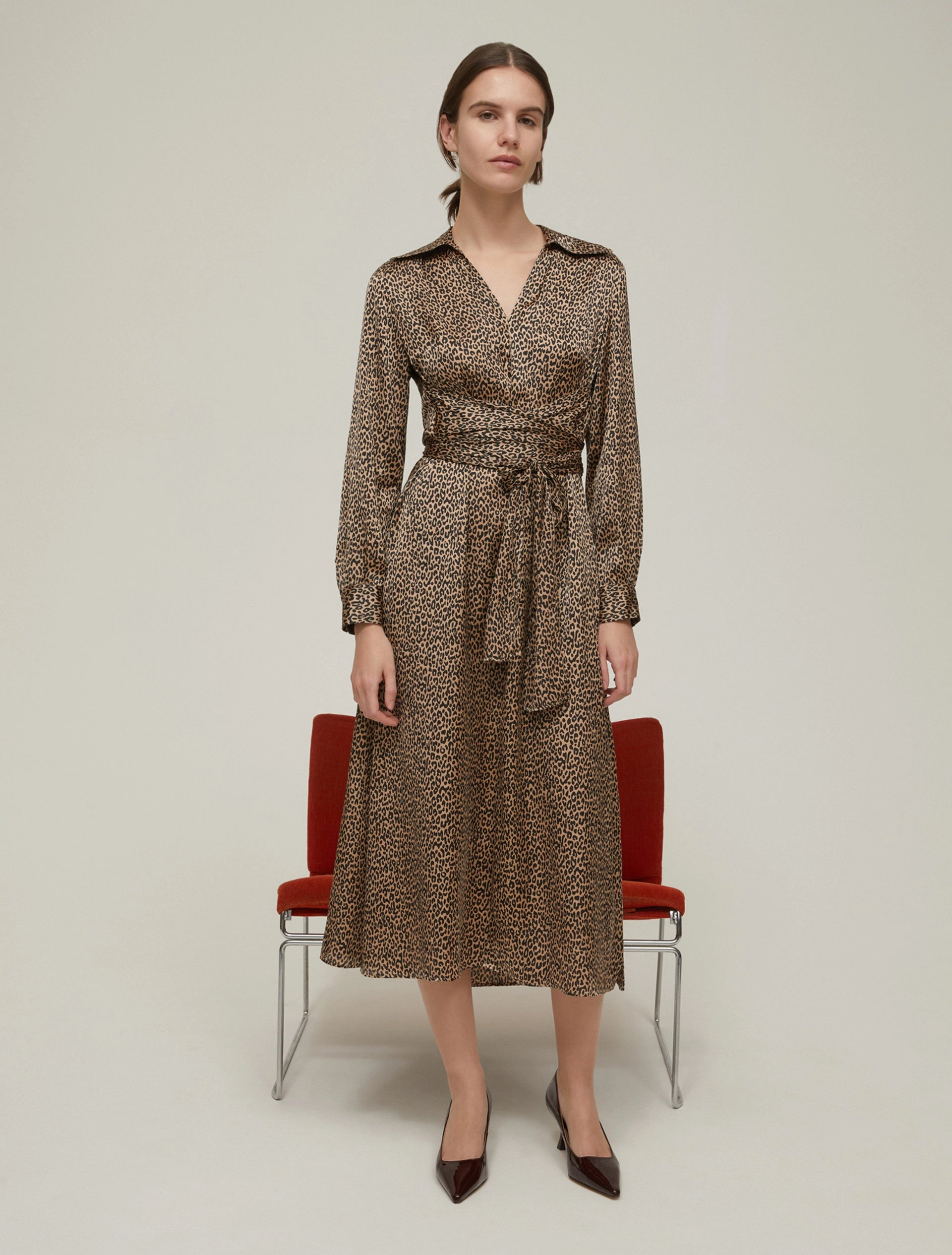 Leopard Swirl Pattern Satin Midi Dress