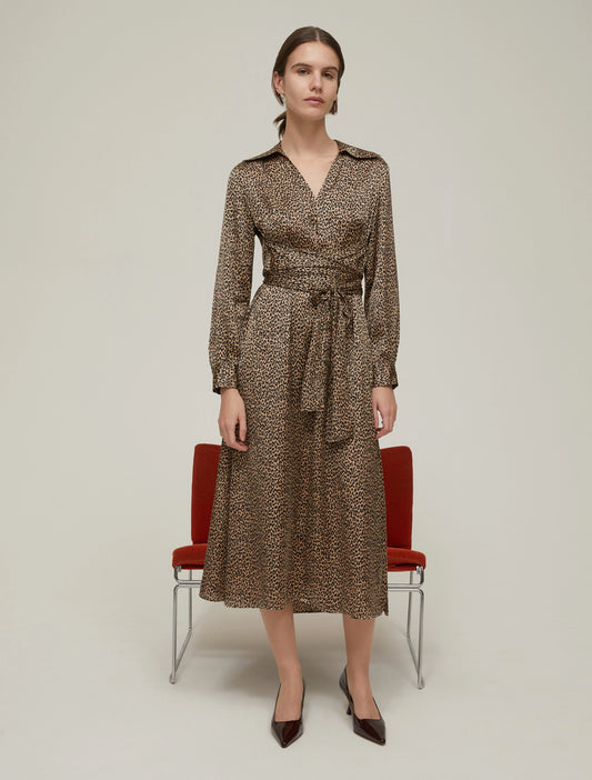 Leopard Swirl Pattern Satin Midi Dress