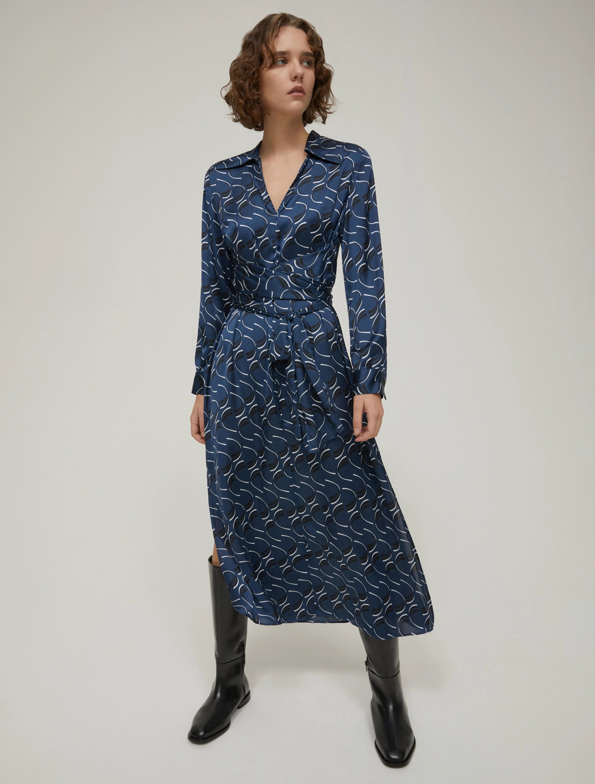 Navy Swirl Pattern Satin Midi Dress