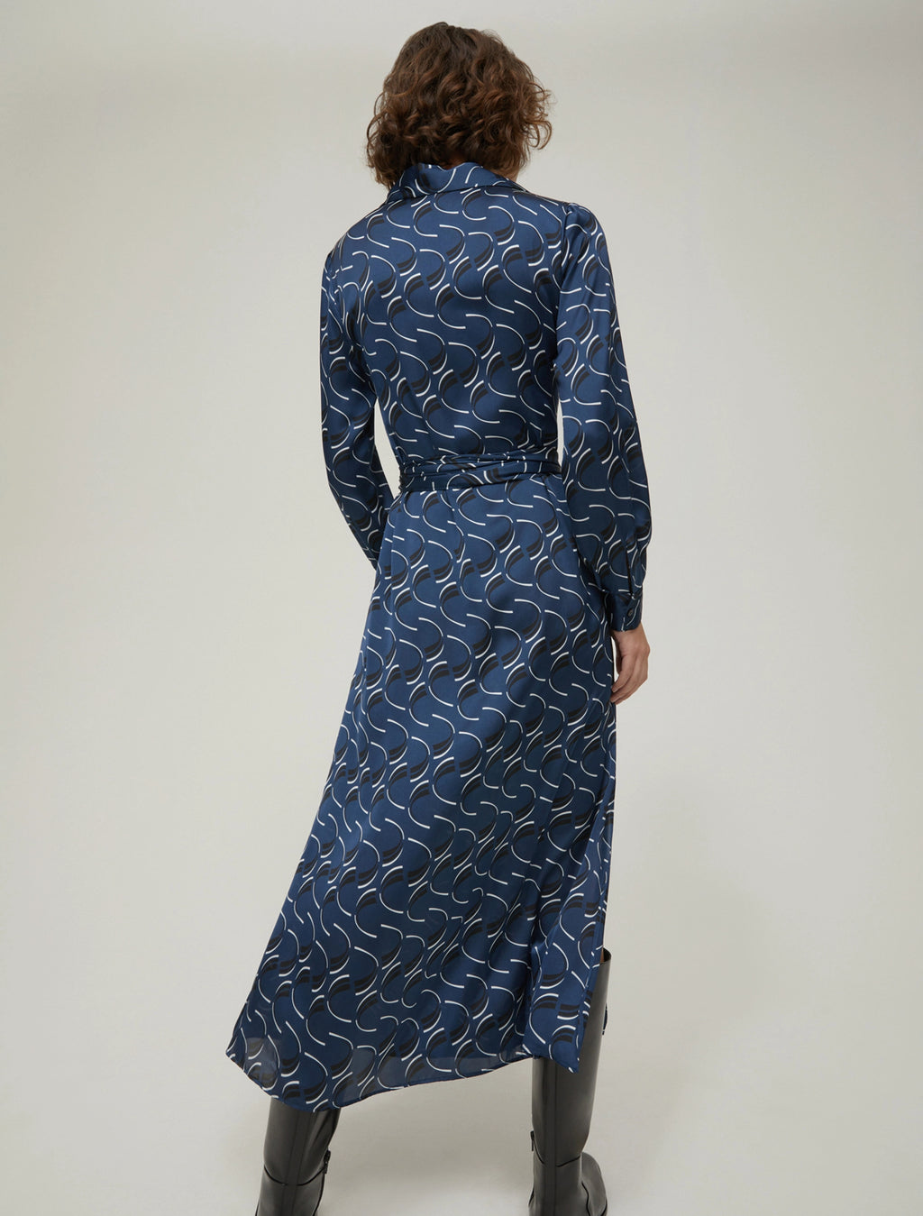 Navy Swirl Pattern Satin Midi Dress