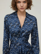 Navy Swirl Pattern Satin Midi Dress