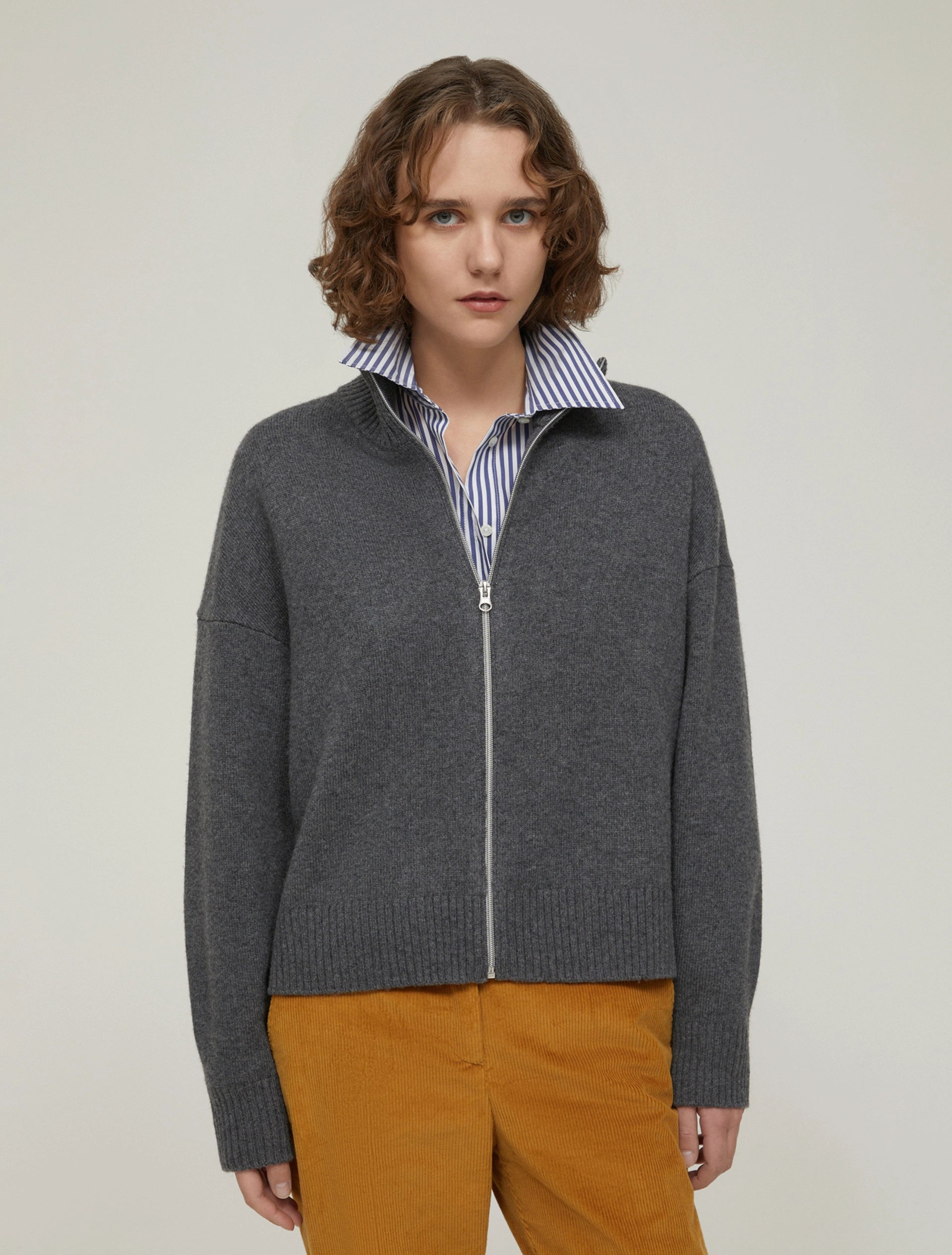 Wool Blend Zip Up Grey Cardigan
