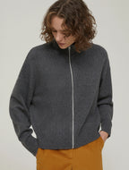 Wool Blend Zip Up Grey Cardigan