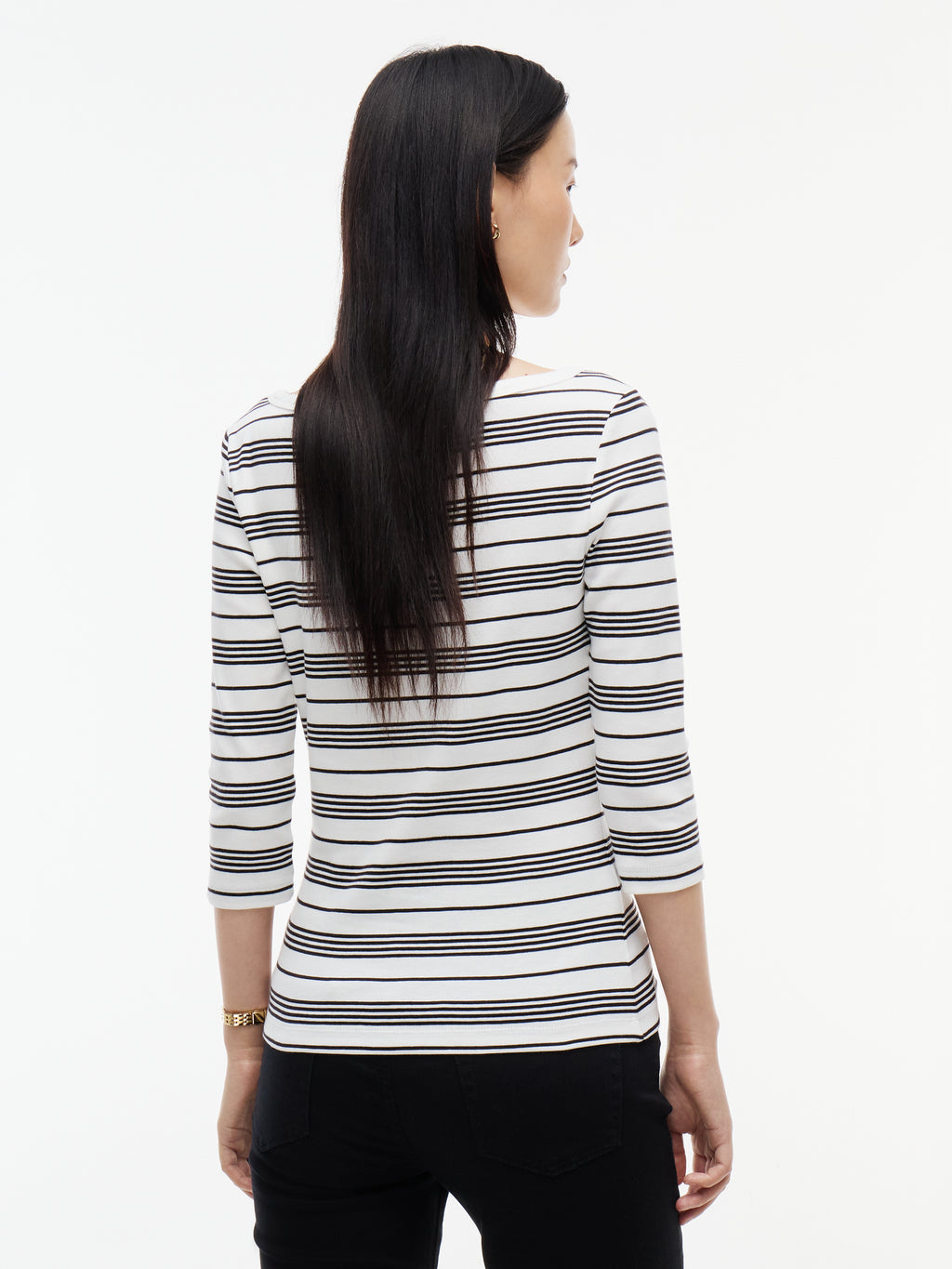 Stripe Slim Boat Neck Three-Quarter Sleeve T-Shirt