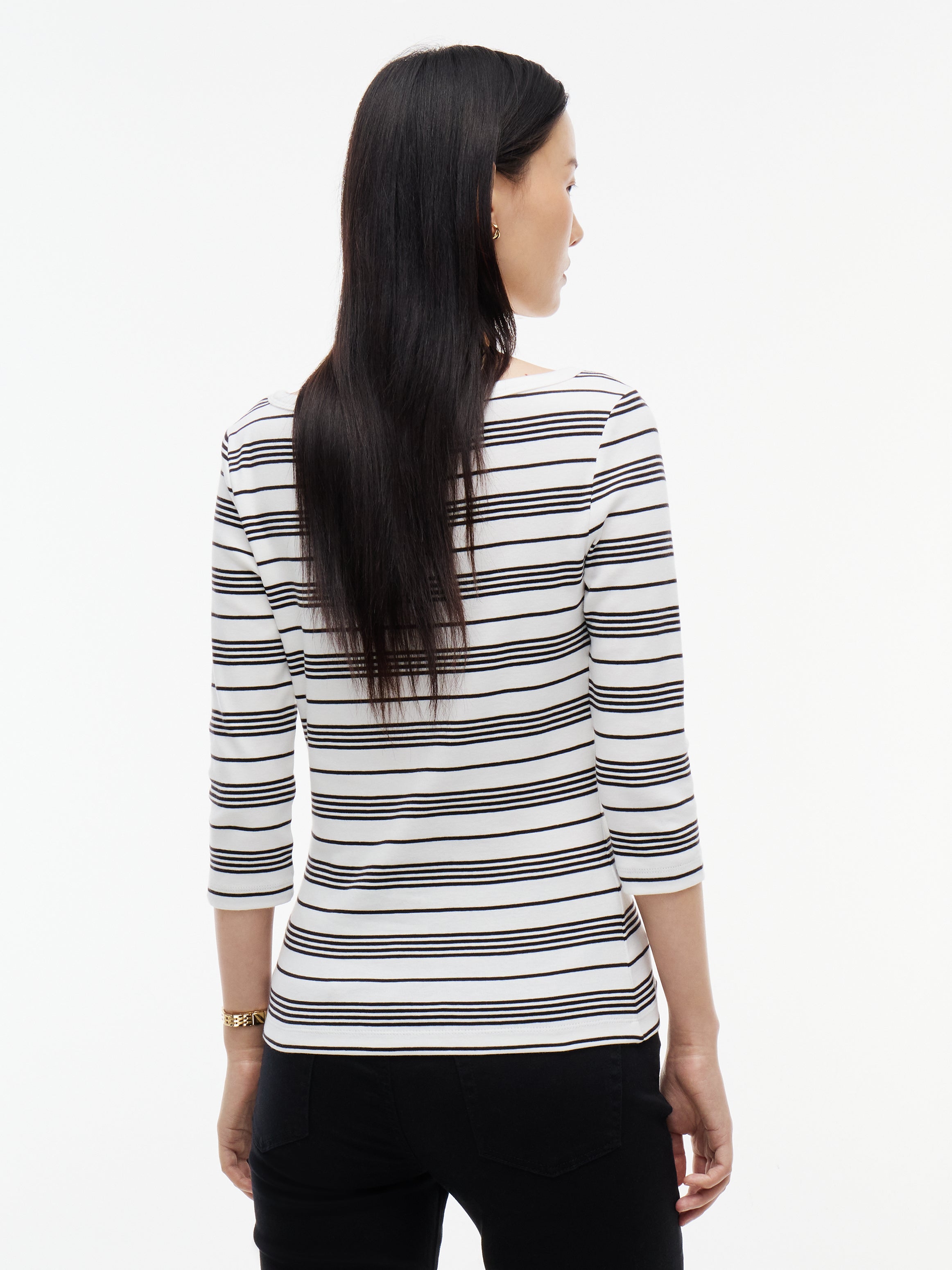 Stripe Slim Boat Neck Three-Quarter Sleeve T-Shirt