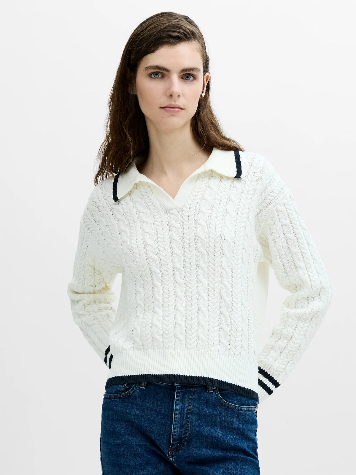 Klara White Cable Knit Polo Jumper
