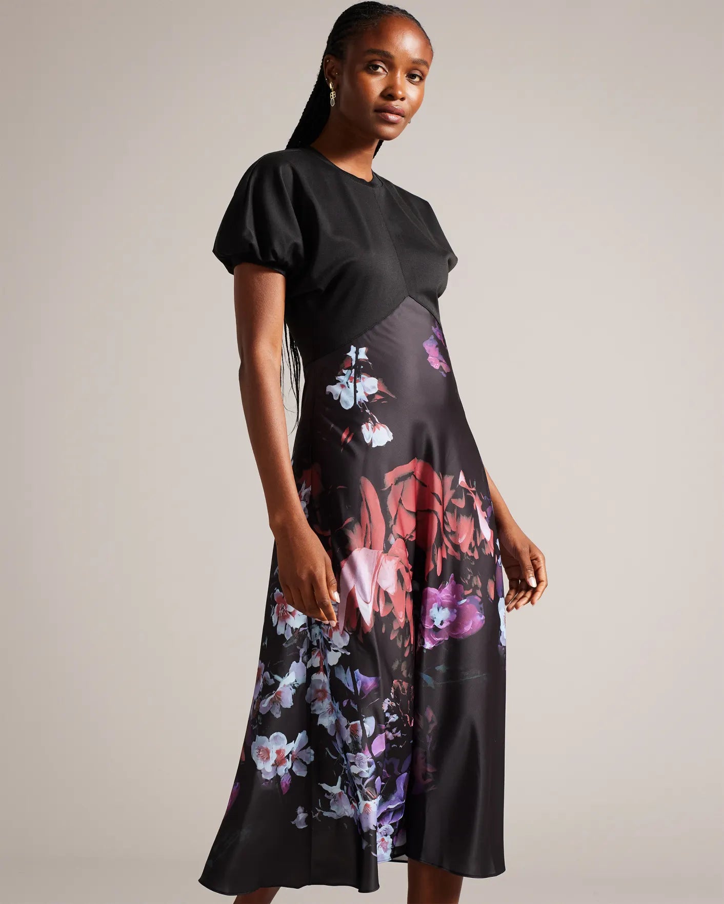 Drewee Ponte Midi Dress With Floral Satin Skirt
