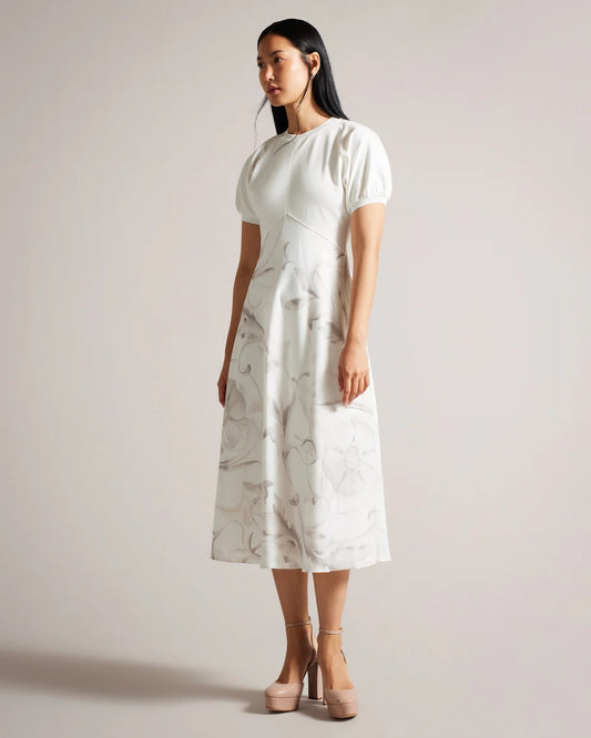 Magylee White Ponte Bodice Dress With Satin Skirt