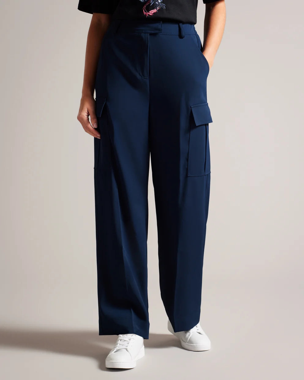 Roccio High Waisted Navy Wide Leg Cargo Trousers