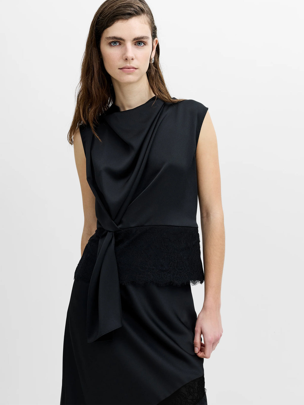 Dahlia Satin Draped Lace Hem Top