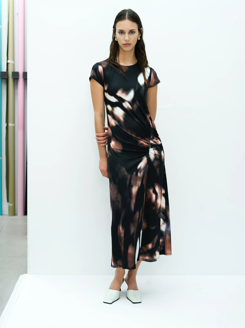 Josephine Abstract Printed Jersey Ruched Midi Dress
