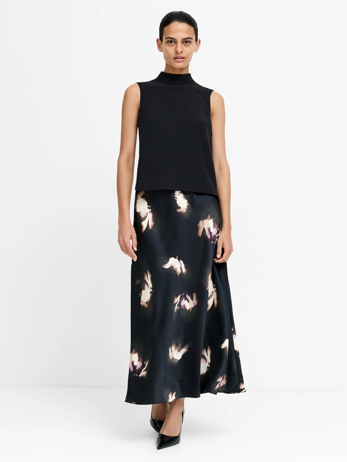 Paloma Black Floral Satin Midi Skirt