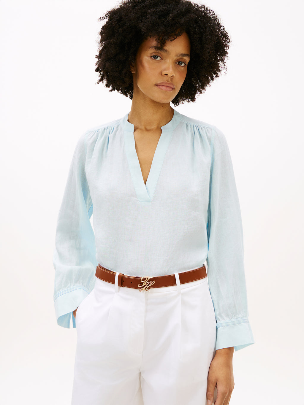 Light Blue Linen V-Neck Blouse