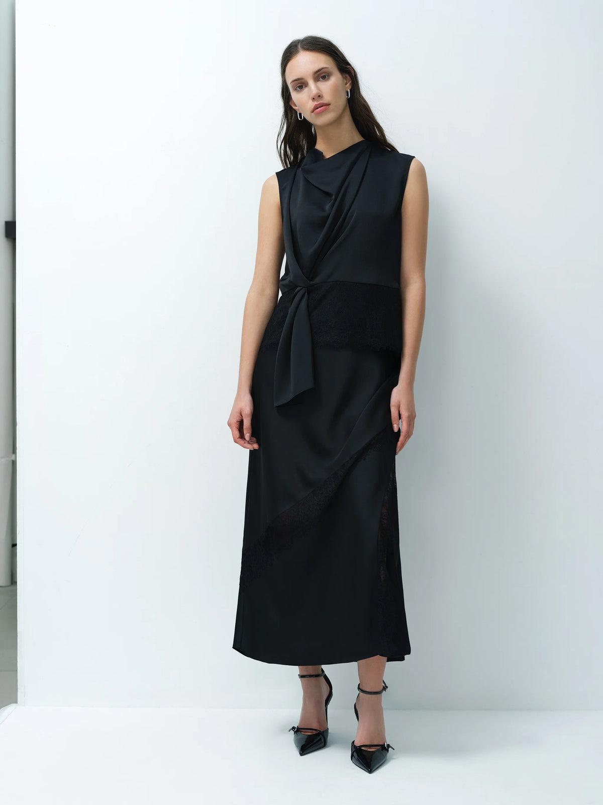 Dahlia Satin Draped Lace Hem Top