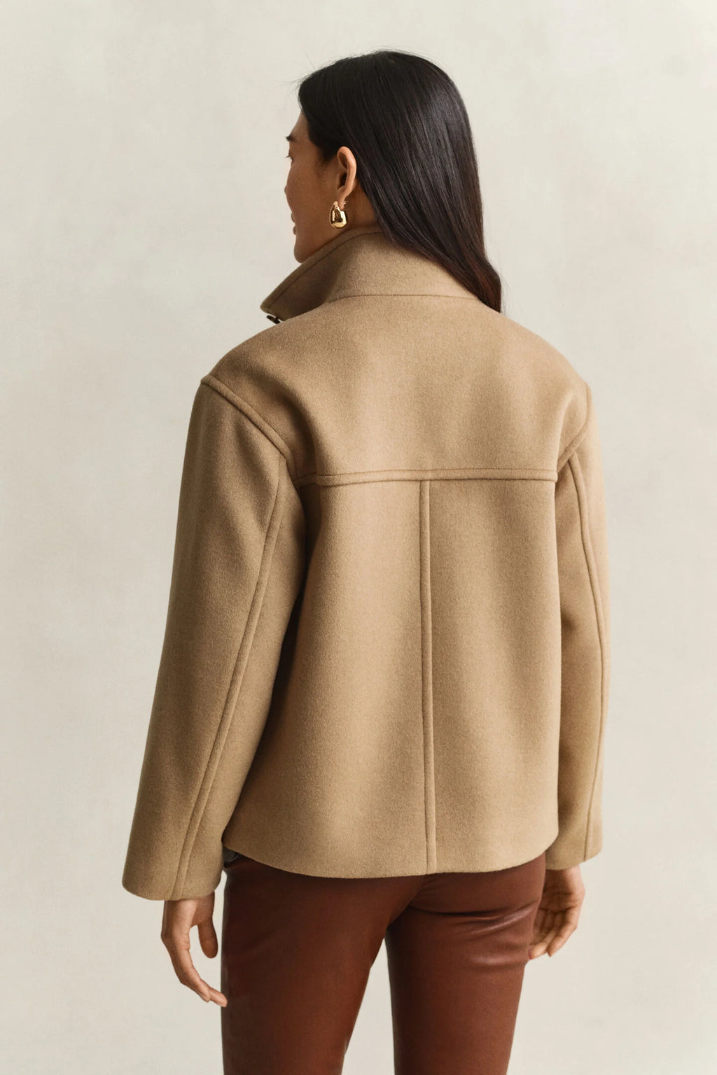 Camel Funnel Neck Wool Button Coat