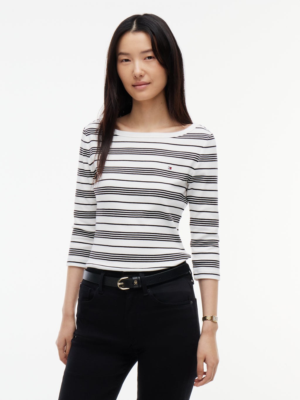 Stripe Slim Boat Neck Three-Quarter Sleeve T-Shirt