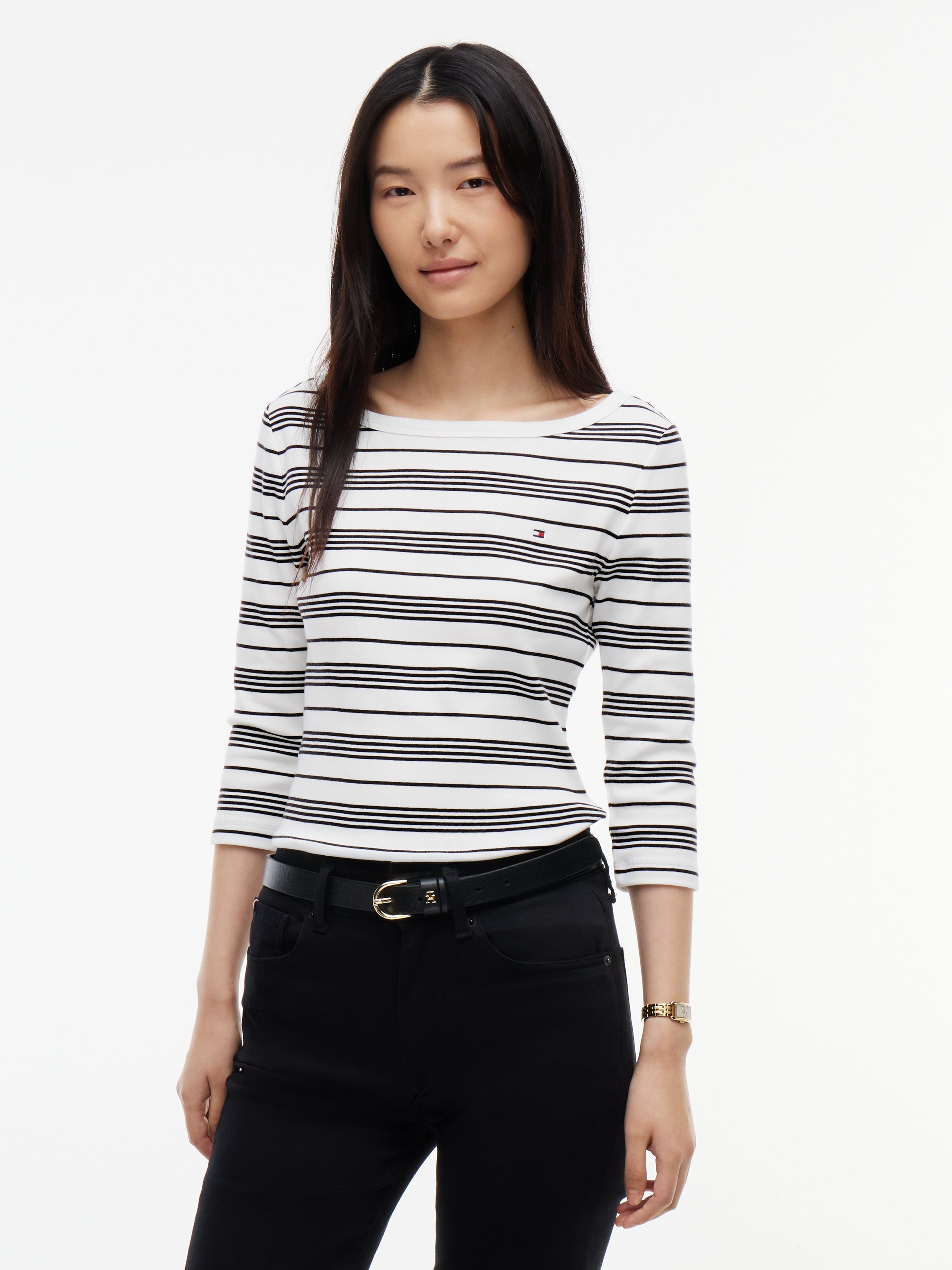 Stripe Slim Boat Neck Three-Quarter Sleeve T-Shirt