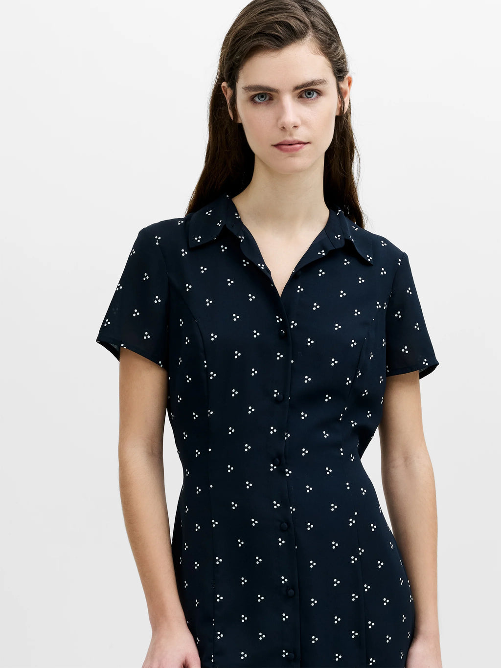 Mila Geo Printed Dark Blue Midi Shirt Dress