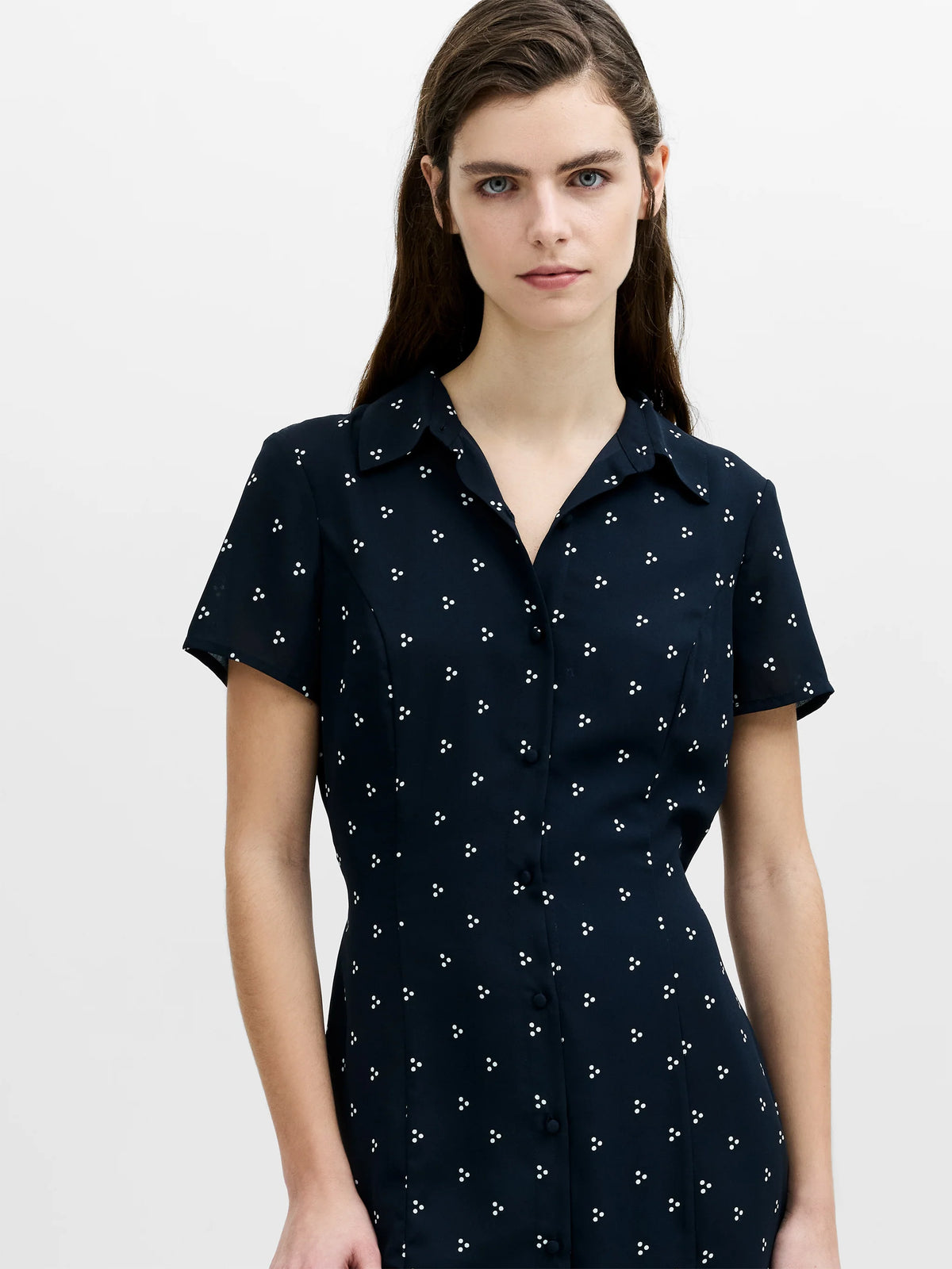 Mila Geo Printed Dark Blue Midi Shirt Dress