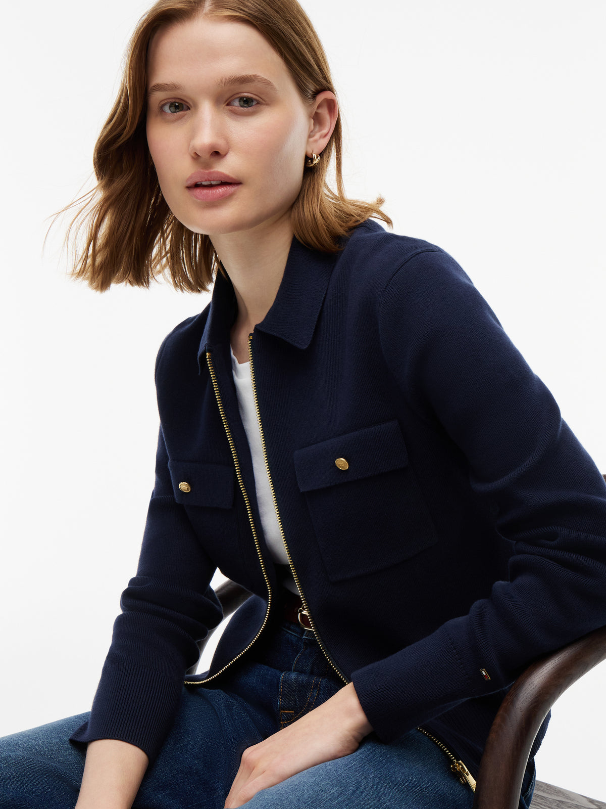 Cotton Full Navy Needle Zip Jacket