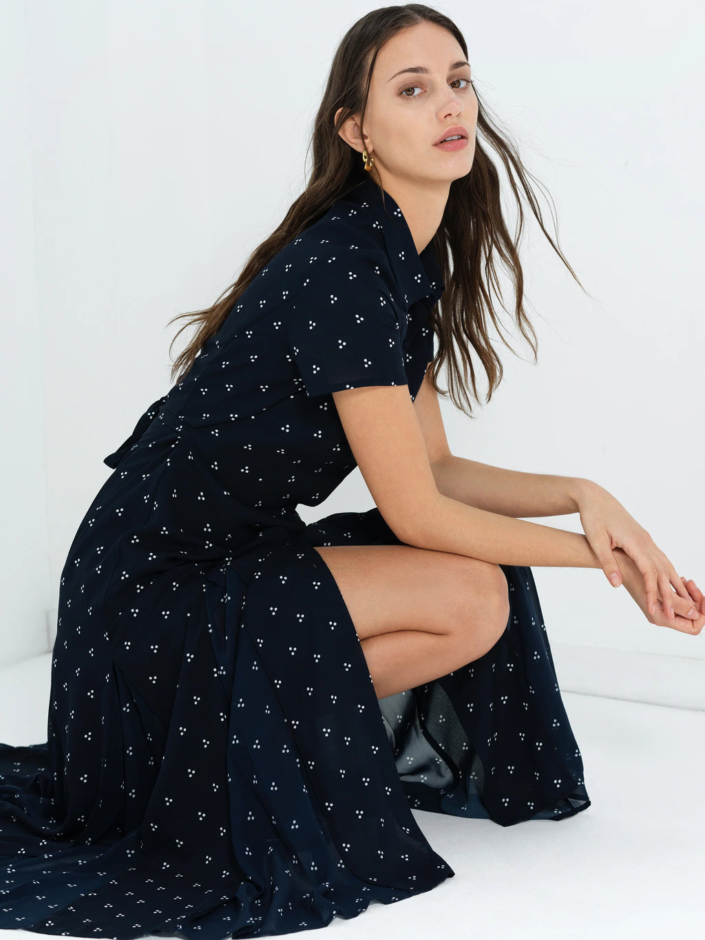 Mila Geo Printed Dark Blue Midi Shirt Dress