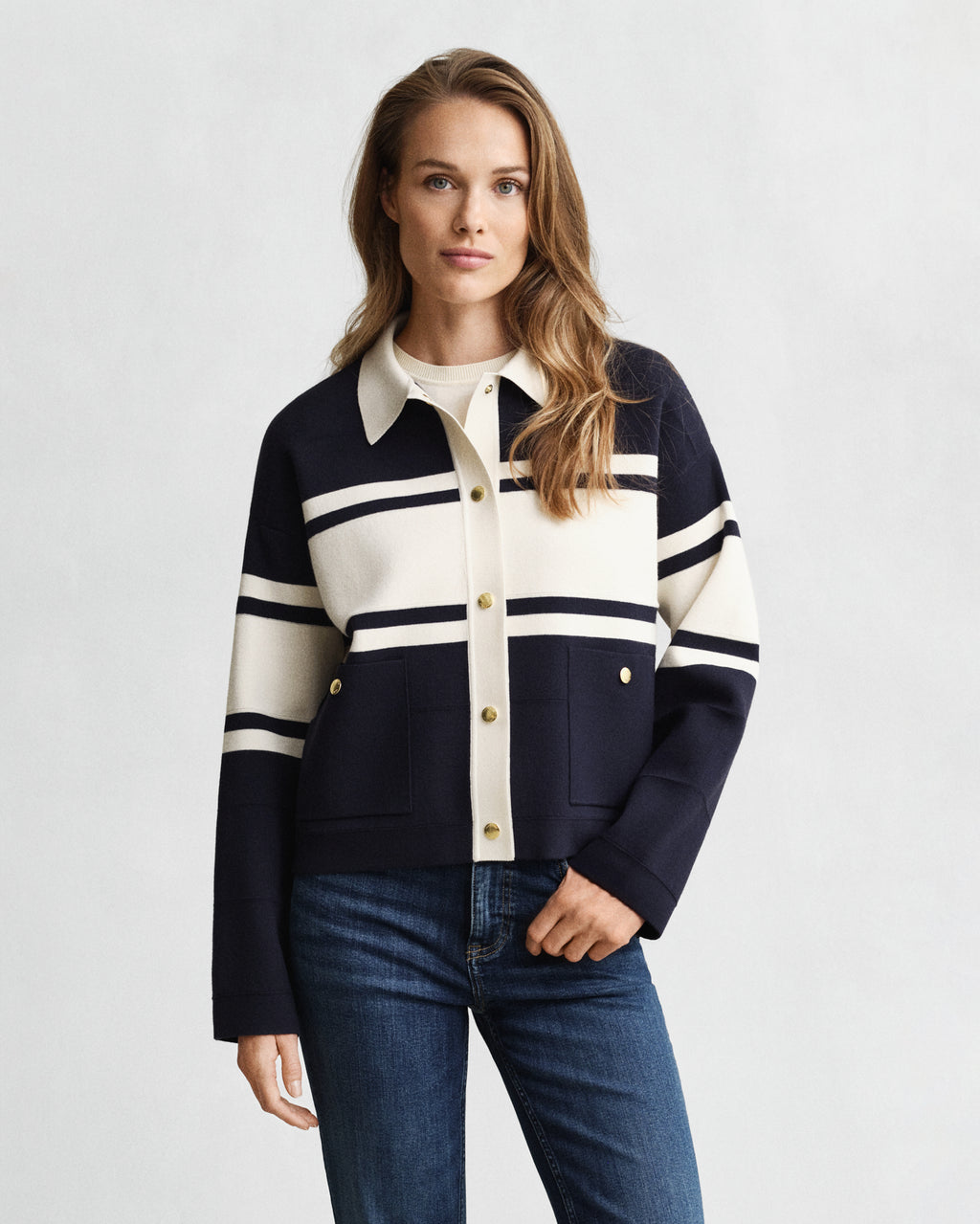 The Navy Cream Colour Block Cardigan