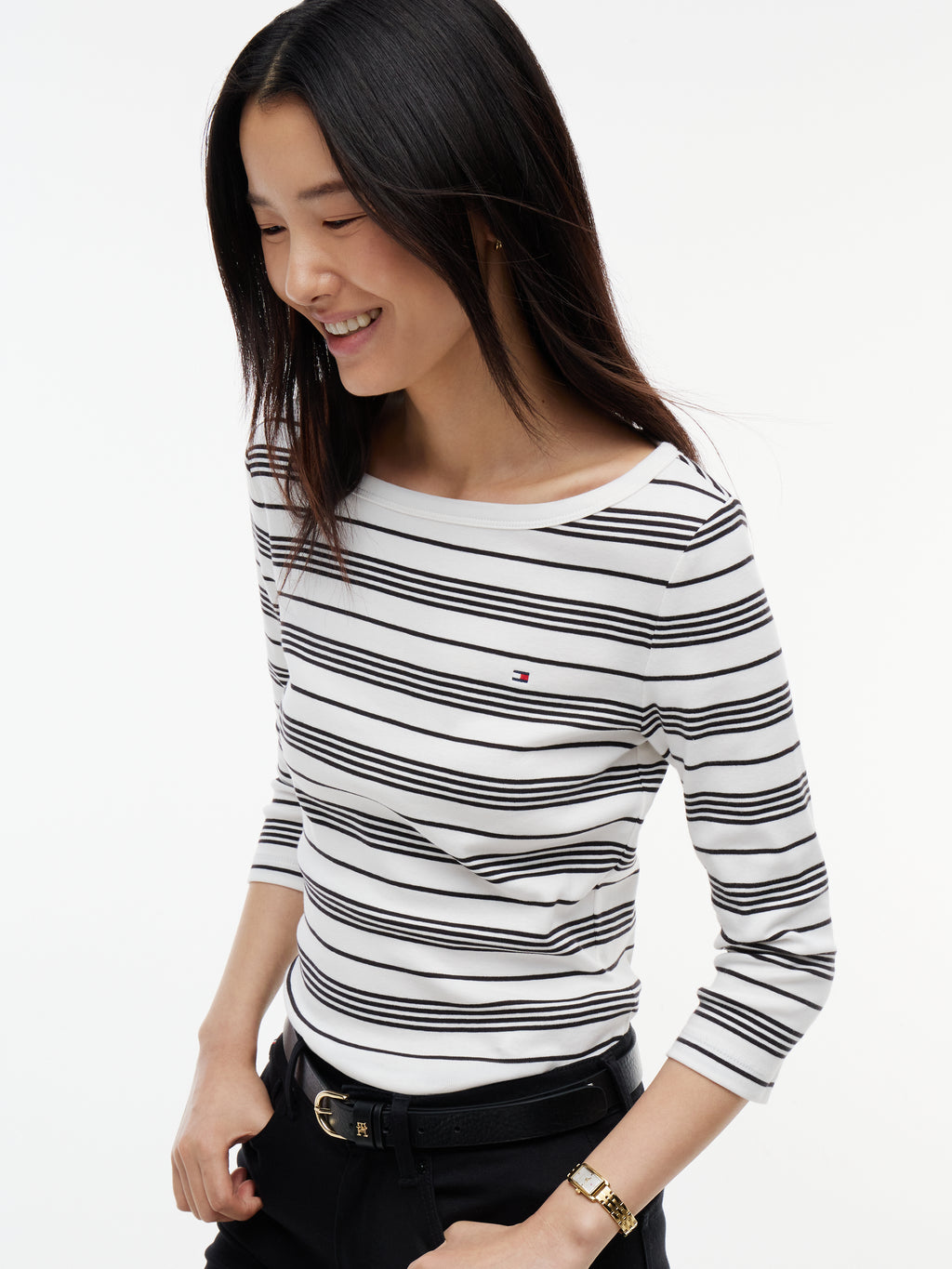 Stripe Slim Boat Neck Three-Quarter Sleeve T-Shirt