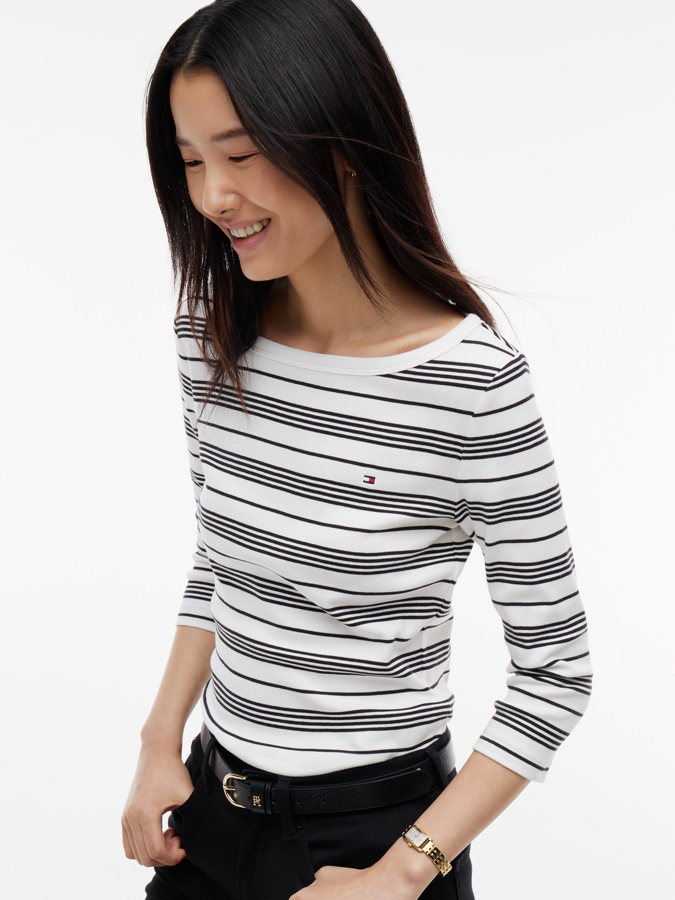 Stripe Slim Boat Neck Three-Quarter Sleeve T-Shirt