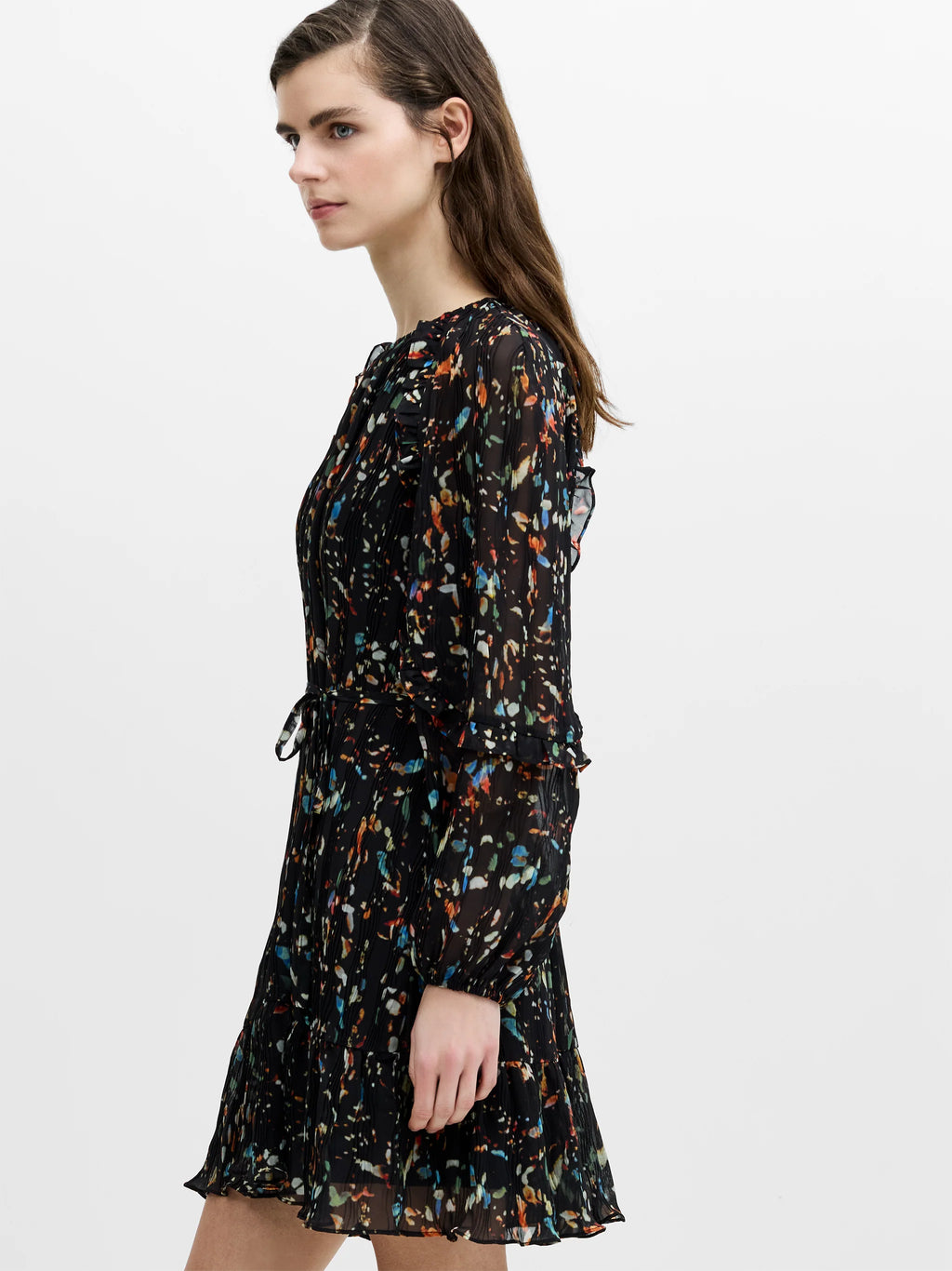 Kylie Black Abstract Printed Ruffle Mini Dress