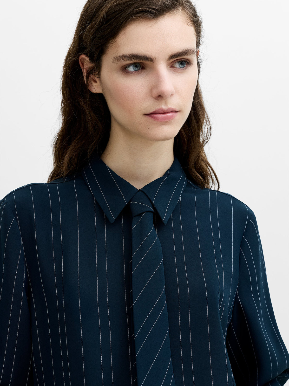 Erma Navy Pinstripe Detachable Tie Long Sleeve Shirt