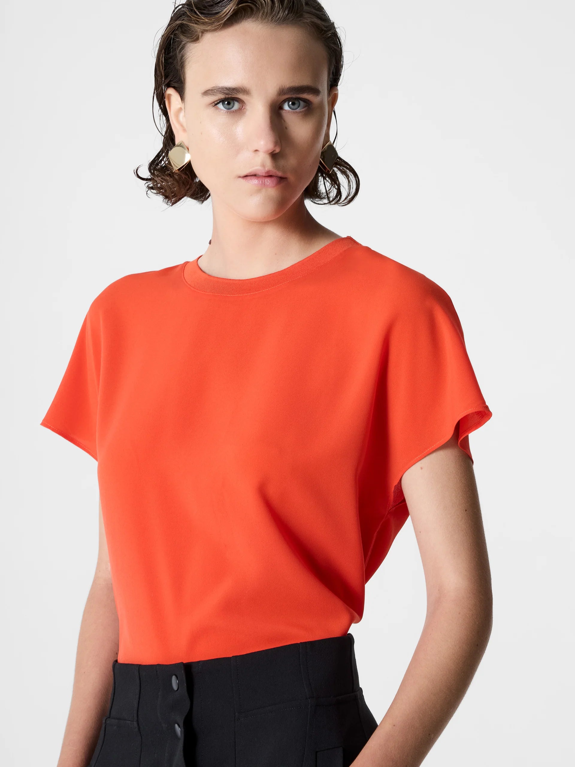Crepe Light Crew Neck Orange Top