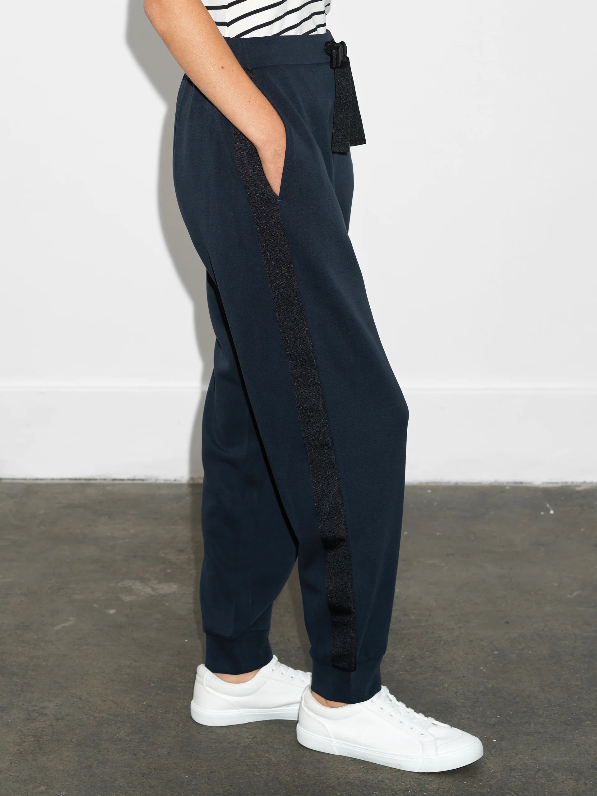 Wren Side Trim Tie Waist Navy Trousers