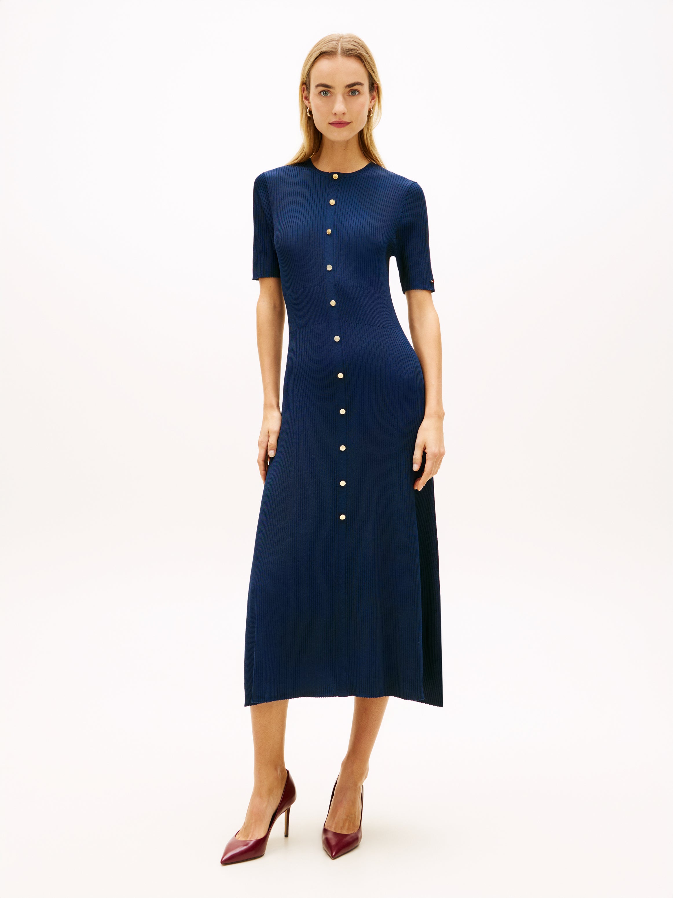 The Navy Gold Button Ribbed Midi Dress