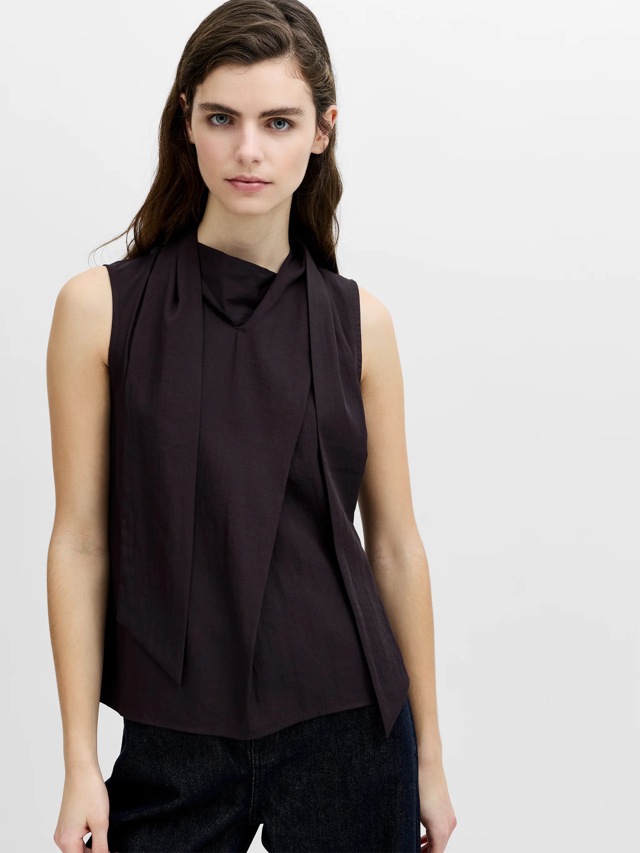Leela Brown Scarf Neck Sleeveless Top