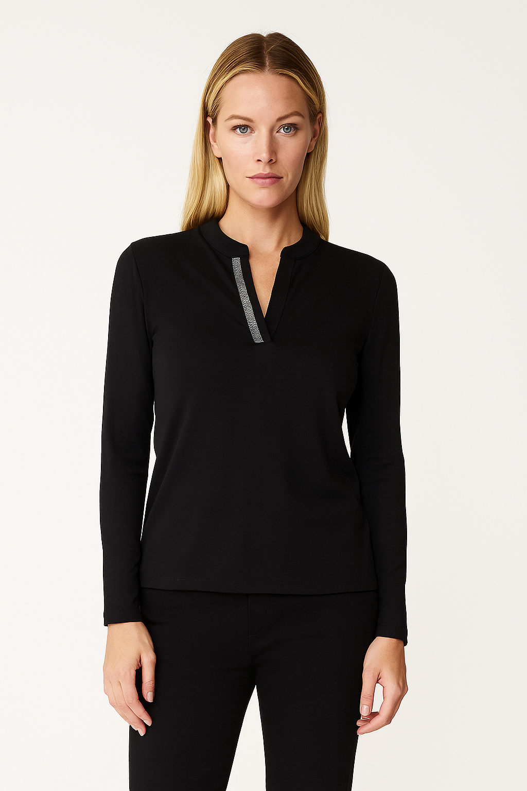 Black V-Neck Detailed Long Sleeve Jersey Top