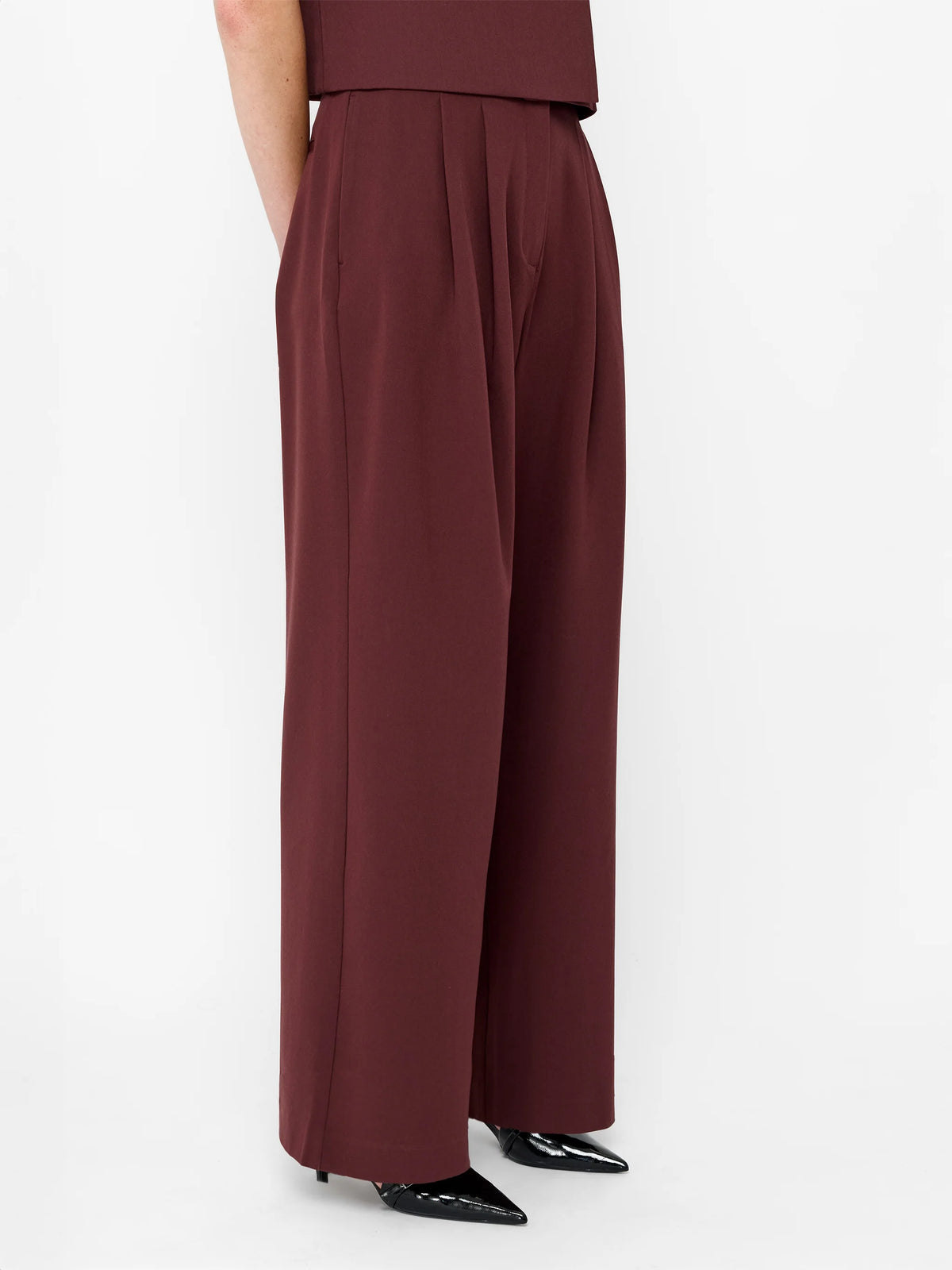 Rena Cherry Tailored Pleated Wide Leg Trousers