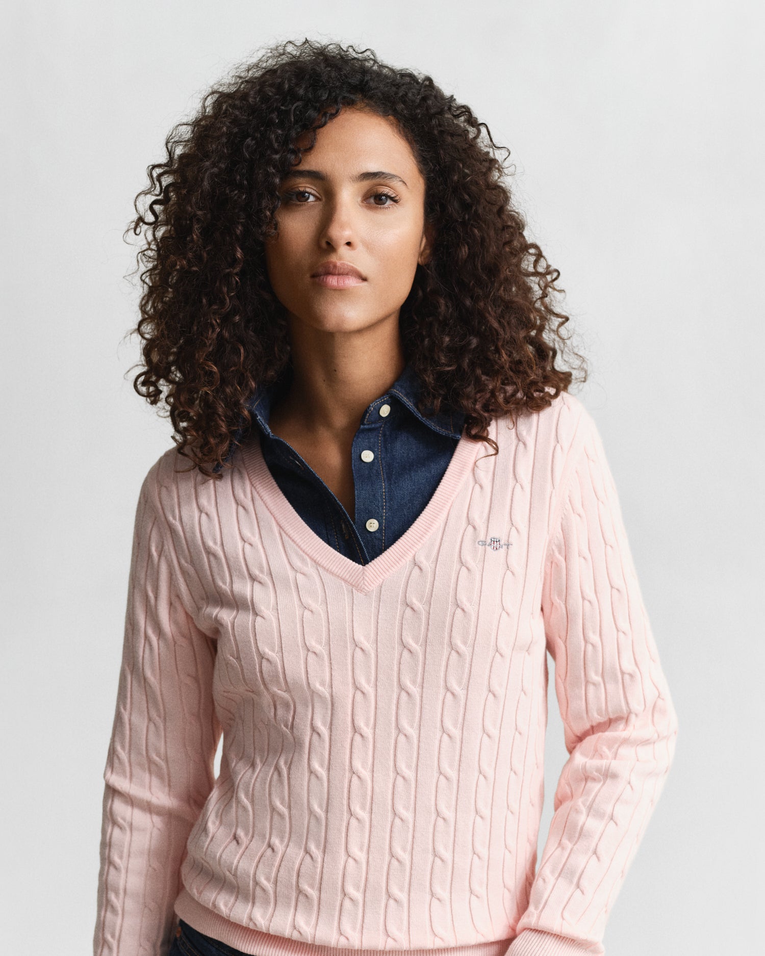 The Stretch Cotton Pink V-Neck Cable